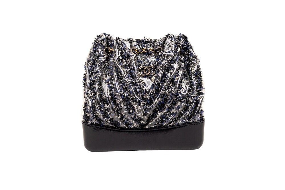 Chanel Blue Black White PVC Tweed Gabrielle Bucket Bag with Silver Hardware